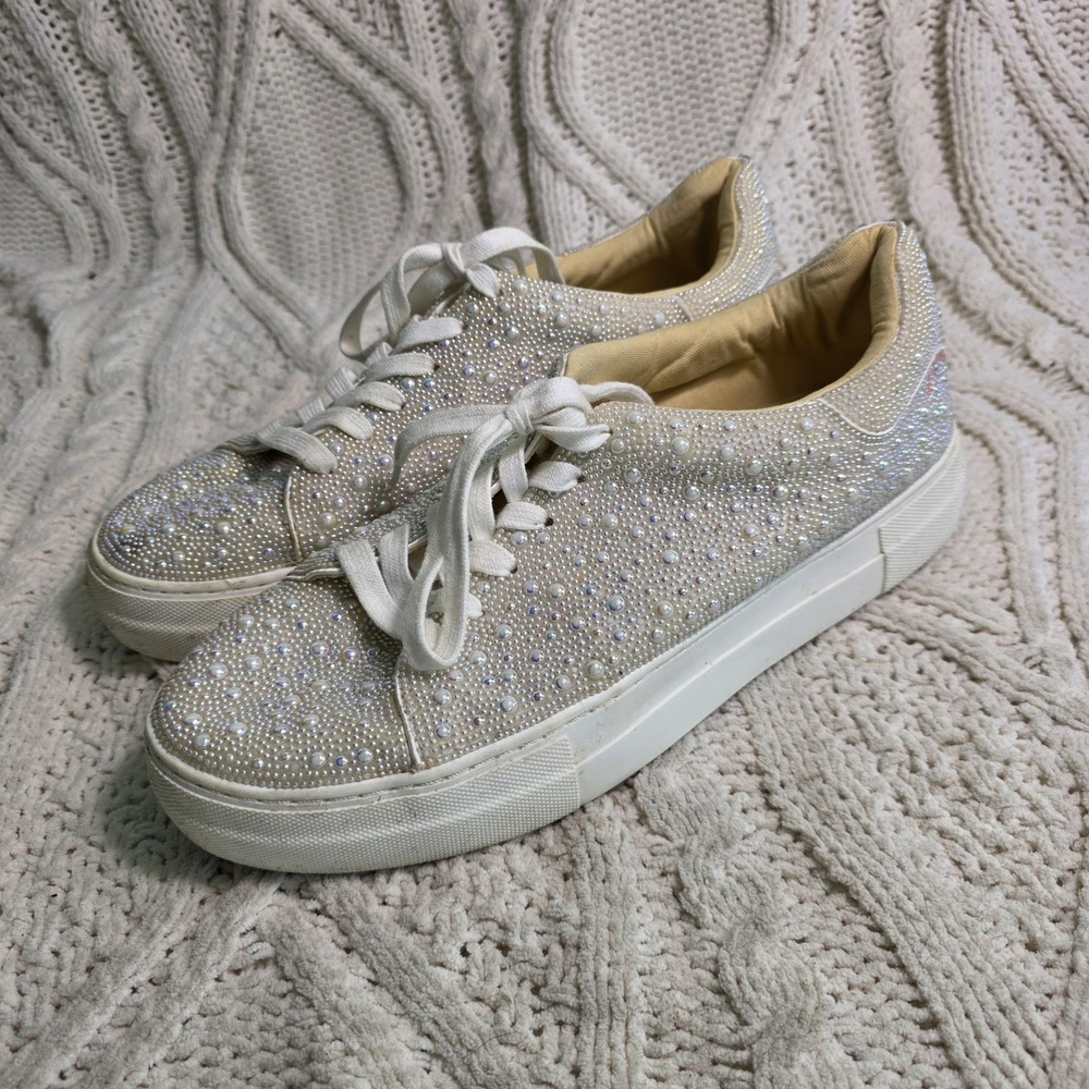 Betsey Johnson Sneakers Ivory Rhinestone‎ Pearl Bridal Platform Womens 11